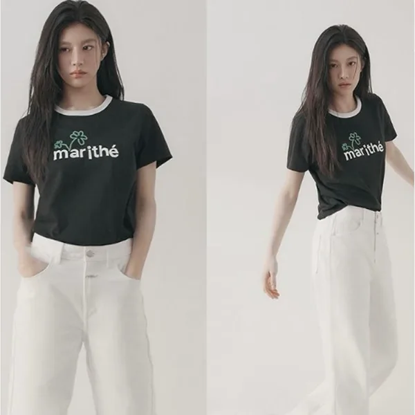 Marithe短袖T恤女 字母花朵上衣 圓領撞色T恤 時尚單品