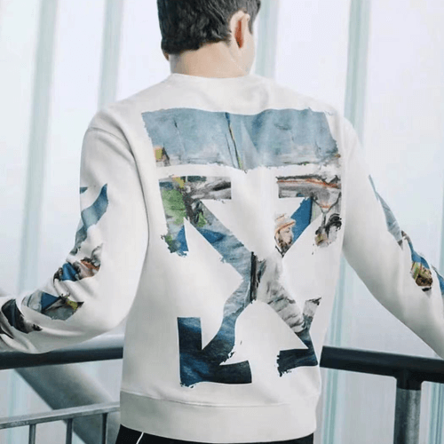 優惠活動#2022熱銷 OFF WHITE 油畫水彩塗鴉箭頭寬鬆情侶套頭圓領衛衣 男女同款 白色