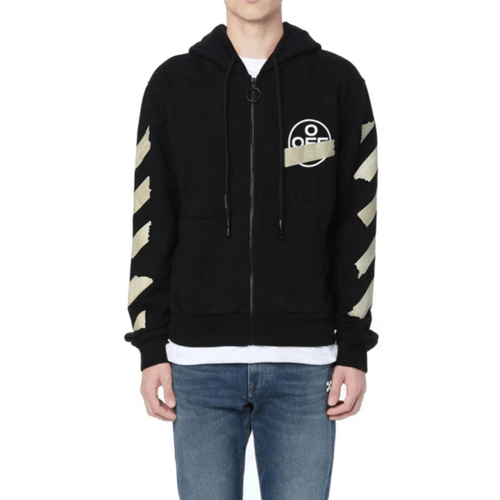 優質爆款現貨#2022熱銷 OFF WHITE 金色膠帶箭頭印花連帽外套 男女同款 黑色