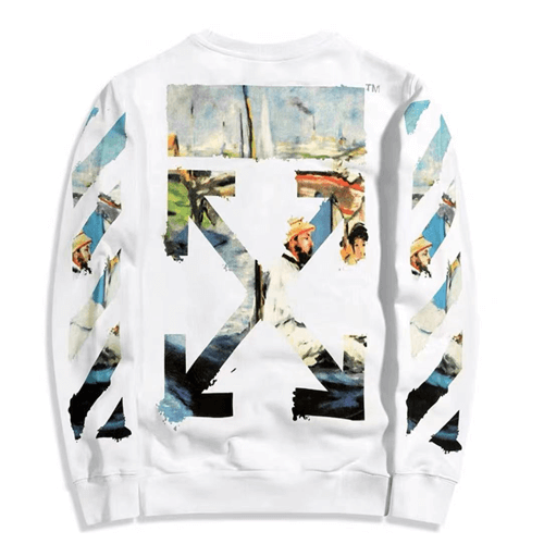 優惠活動#2022熱銷 OFF WHITE 油畫水彩塗鴉箭頭寬鬆情侶套頭圓領衛衣 男女同款 白色