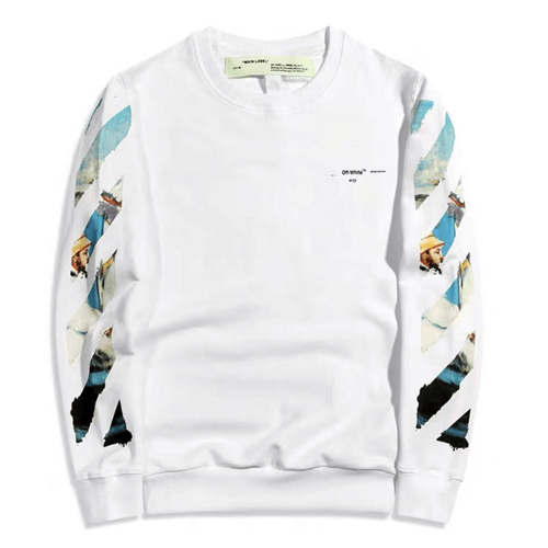 優惠活動#2022熱銷 OFF WHITE 油畫水彩塗鴉箭頭寬鬆情侶套頭圓領衛衣 男女同款 白色