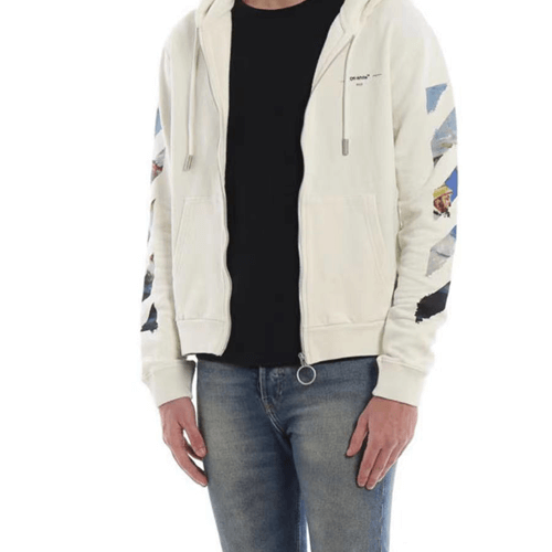 好評熱銷#2022熱銷 OFF WHITE Zipped Up Hoodie White 油畫印花箭頭拉鏈連帽外套 男女同款 白色