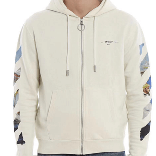 好評熱銷#2022熱銷 OFF WHITE Zipped Up Hoodie White 油畫印花箭頭拉鏈連帽外套 男女同款 白色