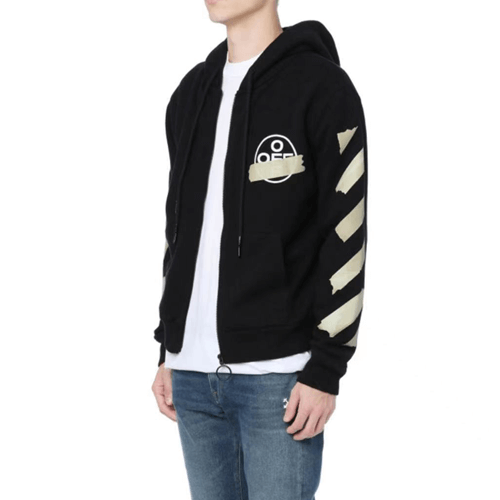 優質爆款現貨#2022熱銷 OFF WHITE 金色膠帶箭頭印花連帽外套 男女同款 黑色